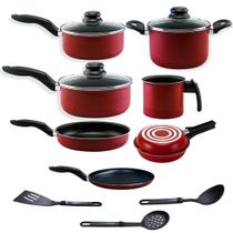 Jogo De Panelas 10 Peças com tampa de Vidro Alumi-Aço linha PREMIUM J4TECH Alumínio Antiaderente Ultra Resistente Teflon Vermelho