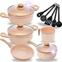 Jogo de Panelas 10 Peças Indução Bege Preto com Vermelho Revestido em Cerâmica Antiaderente Caçarola