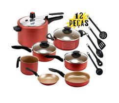 Jogo de Panelas 12 Peças Antiaderente Teflon Cereja com Panela de Pressão 4,5 Litros Tampa de Vidro