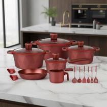 Jogo de Panelas 18 Peças London Dark Red Coffee Antiaderente Alumínio com Tampas de Vidro e Utensílios Silicone LD1018