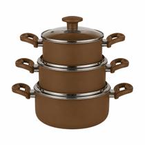 Jogo De Panelas 3 Pçs Antiaderente Tampa De Vidro Chocolate Jogo De Panelas 3 Pçs Antiaderente Tampa De Vidro Chocolate