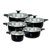 Jogo de Panelas 5 Pçs Alumínio Preto com Cabos Antitérmicos Tampas de Vidro Temperado com Válvula de Vapor