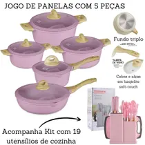 Jogo De Panelas 5 Peças Antiaderente Indução Gás Cerâmica + Kit De Cozinha 19 Peças - ROSA Jogo De Panelas 5 Peças Antiaderente Indução Gás Cerâmica + Kit De Cozinha 19 Peças - ROSA
