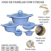 Jogo De Panelas 5 Peças Antiaderente Indução Gás Conjunto Revestido Cerâmica Granito Caçarola - AZUL