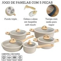 Jogo De Panelas 5 Peças Antiaderente Indução Gás Conjunto Revestido Cerâmica Granito Caçarola - BEGE