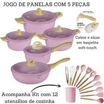 Jogo De Panelas 5 Peças Antiaderente Indução Gás Revestido Cerâmica + Kit De Cozinha 12 Peças