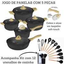 Jogo De Panelas 5 Peças Antiaderente Indução Gás Revestido Cerâmica + Kit De Cozinha 12 Peças