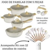 Jogo De Panelas 5 Peças Antiaderente Indução Gás Revestido Cerâmica + Kit De Cozinha 12 Peças