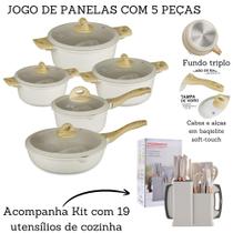 Jogo De Panelas 5 Peças Antiaderente Indução Gás Revestido Cerâmica + Kit De Cozinha 19 Peças