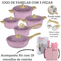 Jogo De Panelas 5 Peças Antiaderente Indução Gás Revestido Cerâmica + Kit De Cozinha 19 Peças