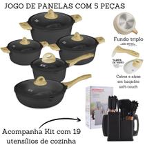 Jogo De Panelas 5 Peças Antiaderente Indução Gás Revestido Cerâmica + Kit De Cozinha 19 Peças
