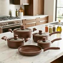 Jogo De Panelas 5 Peças Antiaderente Revestimento Cerâmico Fogão Por Indução Gás Cor Marrom Carmin