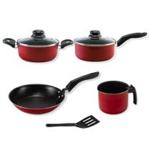 Jogo De Panelas 5 peças Com Tampa de Vidro. Alumi-Aço linha PREMIUM J4TECH Antiaderente Ultra Resistente Teflon Vermelho