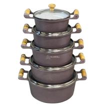 Jogo de Panelas 5 Peças Conjunto Kit Alumínio Batido Fundido com Revestimento em Ceramica Alça de Madeira Cacau Com Tamp Jogo de Panelas 5 Peças Conjunto Kit Alumínio Batido Fundido com Revestimento em Ceramica Alça de Madeira Cacau Com Tamp