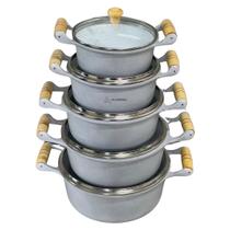 Jogo de Panelas 5 Peças Conjunto Kit Alumínio Batido Fundido com Revestimento em Ceramica Alça de Madeira Cinza Com Tamp