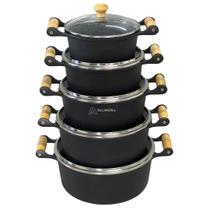 Jogo de Panelas 5 Peças Conjunto Kit Alumínio Batido Fundido com Revestimento em Ceramica Alça de Madeira Preto Com Tamp