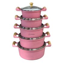 Jogo de Panelas 5 Peças Conjunto Kit Alumínio Batido Fundido com Revestimento em Ceramica Alça de Madeira Rosa Com Tampa