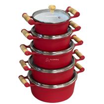 Jogo de Panelas 5 Peças Conjunto Kit Alumínio Batido Fundido com Revestimento em Ceramica Alça de Madeira Vermelho Com T Jogo de Panelas 5 Peças Conjunto Kit Alumínio Batido Fundido com Revestimento em Ceramica Alça de Madeira Vermelho Com T