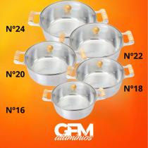 Jogo de Panelas 5 Peças da 16 a 24 em Alumínio Batido Polido com Tampa de Vidro Jogo de Panelas 5 Peças da 16 a 24 em Alumínio Batido Polido com Tampa de Vidro