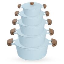 Jogo de Panelas 5 Peças De Alumínio Fundido Com Alça De Madeira e Tampa De Alumínio - Cor Branco Jogo de Panelas 5 Peças De Alumínio Fundido Com Alça De Madeira e Tampa De Alumínio - Cor Branco