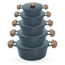 Jogo de Panelas 5 Peças De Alumínio Fundido Com Alça De Madeira e Tampa De Alumínio - Cor Craqueado Preto