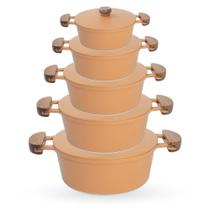 Jogo de Panelas 5 Peças De Alumínio Fundido Com Alça De Madeira e Tampa De Alumínio - Cor Noz Moscada