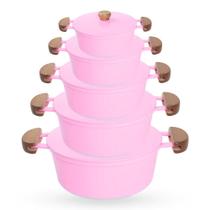 Jogo de Panelas 5 Peças De Alumínio Fundido Com Alça De Madeira e Tampa De Alumínio - Cor Rosa