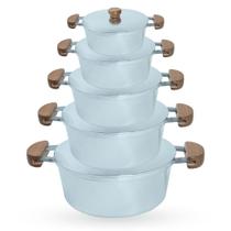 Jogo de Panelas 5 Peças De Alumínio Fundido Com Alça De Madeira e Tampa De Alumínio - Polido