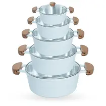 Jogo de Panelas 5 Peças De Alumínio Fundido Com Alça De Madeira e Tampa De Vidro - Cor Branco