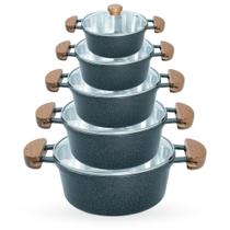 Jogo de Panelas 5 Peças De Alumínio Fundido Com Alça De Madeira e Tampa De Vidro - Cor Craqueado Preto