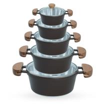 Jogo de Panelas 5 Peças De Alumínio Fundido Com Alça De Madeira e Tampa De Vidro - Cor Marrom