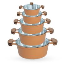 Jogo de Panelas 5 Peças De Alumínio Fundido Com Alça De Madeira e Tampa De Vidro - Cor Noz Moscada