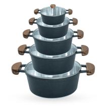 Jogo de Panelas 5 Peças De Alumínio Fundido Com Alça De Madeira e Tampa De Vidro - Preto Cintilante