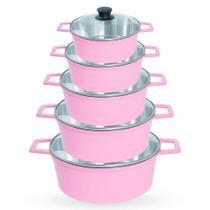 Jogo de Panelas 5 Peças De Alumínio Fundido Tampa De Vidro - Cor Rosa