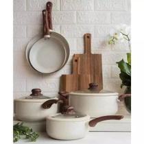 Jogo de Panelas 5 Peças Indução Gás Conjunto de Panelas Revestido em Cerâmica Granito Antiaderente Frigideira Caçarola