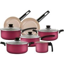Jogo de Panelas 7 Peças Antiaderente Alumínio Cabo Baquelite Tampa Vidro Cereja Panelux