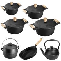 Jogo de Panelas 7 Peças em Ferro Fundido e Alça de Madeira Panela Mineira