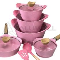Jogo de Panelas 7 Peças Spanish Rosa Cerâmica Indução Antiaderente Kit Conjunto Caçarola Frigideira Antiaderente CAVA