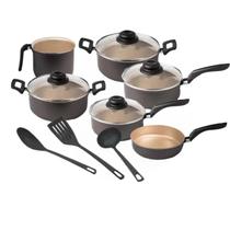 Jogo de Panelas 9 Peças Antiaderente Tampa de Vidro Tradizionale Preto c/ Bege Firenze Marpal