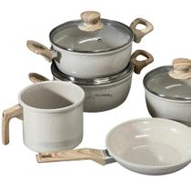 Jogo de Panelas 9 Peças Creme Cerâmica Indução Antiaderente Kit Conjunto Caçarola Frigideira Leiteira Utensilios