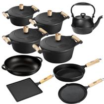 Jogo de Panelas 9 Peças em Ferro Fundido e Alça de Madeira Panela Mineira