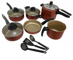 Jogo De Panelas 9 Peças Teflon Antiaderente Cereja com Panela de Pressão 4,5 Litros Tampa de Vidro Jogo De Panelas 9 Peças Teflon Antiaderente Cereja com Panela de Pressão 4,5 Litros Tampa de Vidro