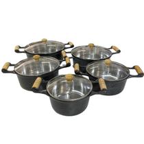 Jogo de Panelas Alumínio Batido Fundido 5 Peças Craquelada Grossa com Tampa de Vidro