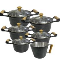 Jogo de Panelas Alumínio Batido Fundido 6 Peças Craquelada Grossa com Tampa de Vidro