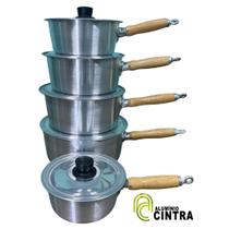 Jogo De Panelas Aluminio Grosso Polido Cabo Madeira Modelo antigo 5 peças Fogão Lenha