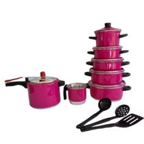 Jogo de Panelas Aluminio Rosa Pink 5 pçs + Fervedor nº 12 1 L + Panela de Pressão Alegrete 4,5 litros + Kit 3 Espatulas - Aluminio AMJ