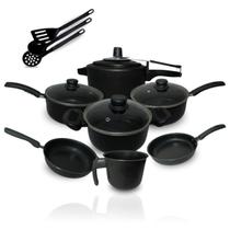 Jogo de Panelas Antiaderente 10 Peças Teflon Conjunto Preto Kit Tampa de Vidro Panela de Pressão
