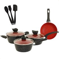 Jogo de Panelas Antiaderente 4 Peças com Tampa de Vidro Design Marmorizado com Interior Vermelho Compatível com Indução, Gás, Elétrico e Cerâmica Jogo de Panelas Antiaderente 4 Peças com Tampa de Vidro Design Marmorizado com Interior Vermelho Compatível com Indução, Gás, Elétrico e Cerâmica