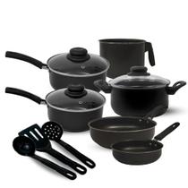 Jogo de Panelas Antiaderente 9 Peças com Tampas de Vidro e Utensílios