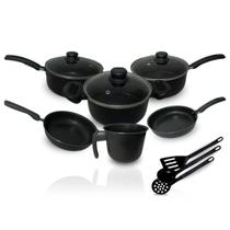 Jogo de Panelas Antiaderente 9 Peças Teflon Caçarola Conjunto Preto Kit Tampa de Vidro